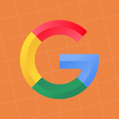 Logo colorido do Google em fundo laranja quadriculado, representando o ícone da empresa em estilo minimalista e moderno.