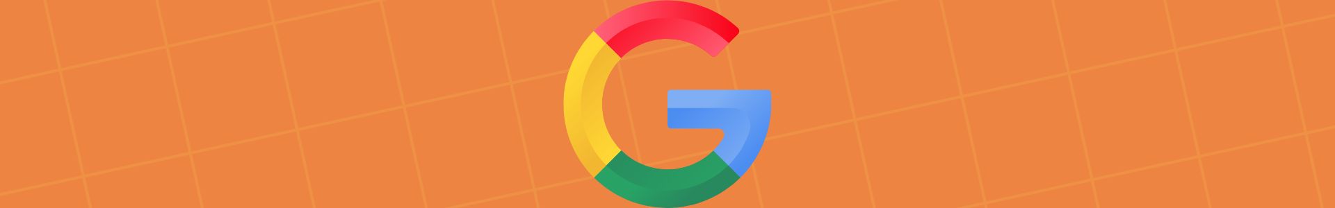 Logo colorido do Google em fundo laranja quadriculado, representando o ícone da empresa em estilo minimalista e moderno.