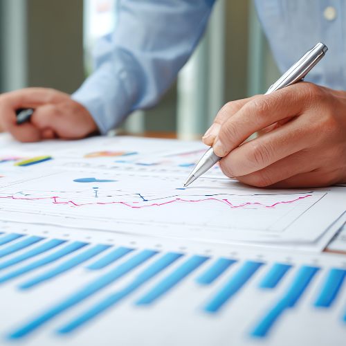 Pessoa analisa gráficos e relatórios financeiros, destacando dados de desempenho e crescimento em documentos impressos.
