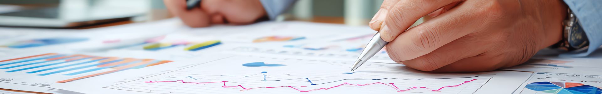 Pessoa analisa gráficos e relatórios financeiros, destacando dados de desempenho e crescimento em documentos impressos.