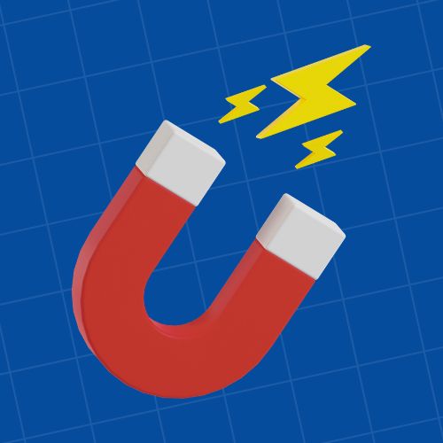 Ícone de ímã em vermelho com faíscas amarelas de energia, representando atração e magnetismo sobre fundo azul quadriculado.