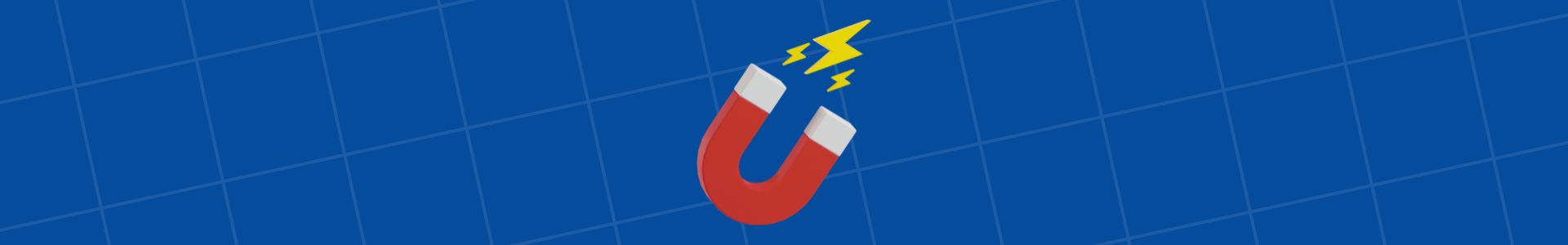 Ícone de ímã em vermelho com faíscas amarelas de energia, representando atração e magnetismo sobre fundo azul quadriculado.