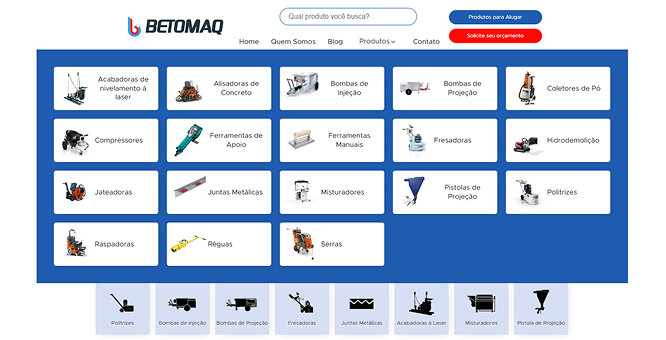 Menu de produtos Beto Maq com categorias de máquinas para construção e limpeza
