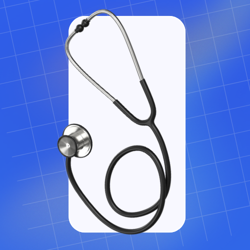 Estetoscópio preto e prateado sobre fundo azul com formas geométricas, simbolizando temas médicos e profissionais de saúde. Title:Google Ads para médicos: como atrair pacientes certos? | Surya MKT