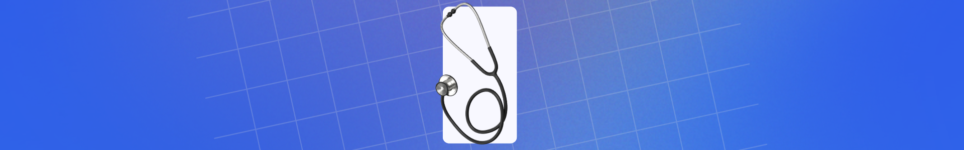 Estetoscópio preto e prateado sobre fundo azul com formas geométricas, simbolizando temas médicos e profissionais de saúde.