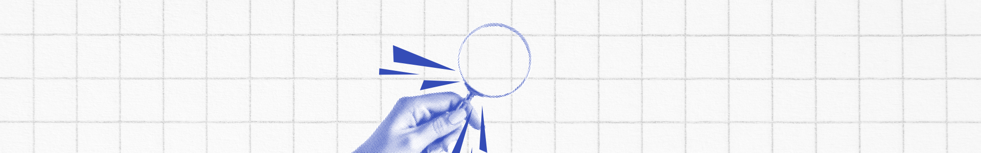 Ilustração em azul de uma mão segurando uma lupa com efeitos de destaque, sobre fundo quadriculado branco, simbolizando busca ou análise.