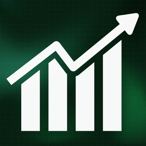 Ícone branco de gráfico de barras com seta ascendente sobre fundo verde, simbolizando crescimento, desempenho ou análise de resultados.