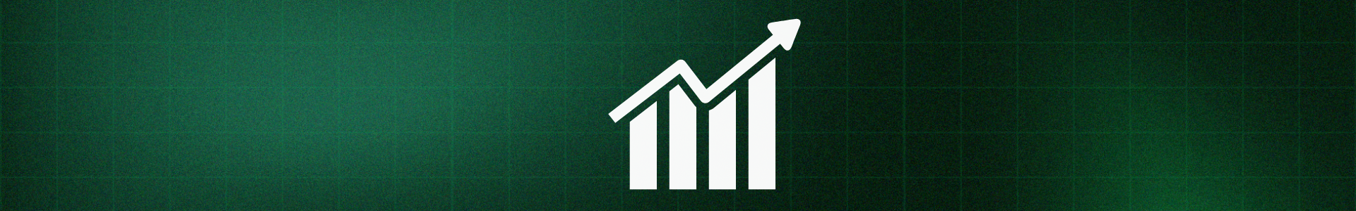 Ícone branco de gráfico de barras com seta ascendente sobre fundo verde, simbolizando crescimento, desempenho ou análise de resultados.