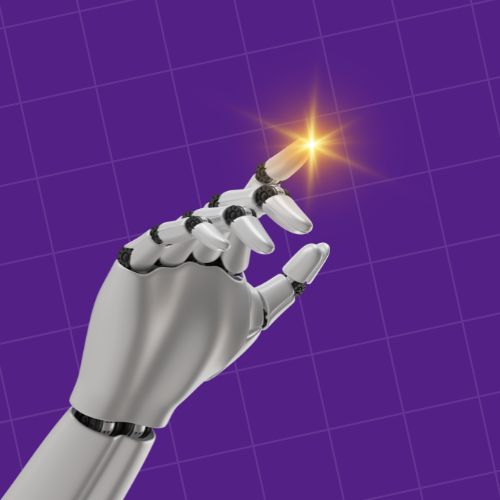 Mão robótica apontando para cima com brilho na ponta do dedo, sobre fundo roxo quadriculado, simbolizando tecnologia e inovação.