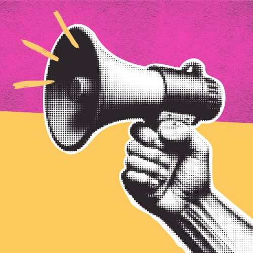 Ilustração estilizada de uma mão segurando um megafone, com fundo colorido em rosa e amarelo, simbolizando comunicação e autoridade.