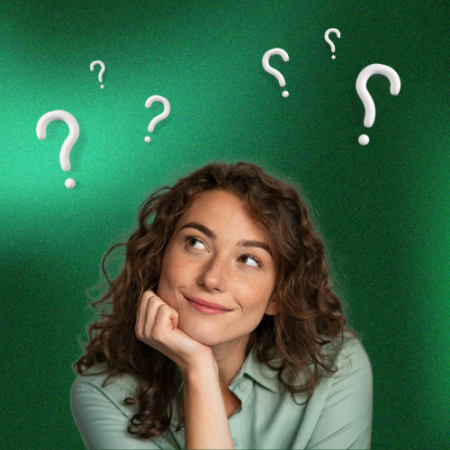 Mulher pensativa apoiando o rosto na mão, com pontos de interrogação ao redor da cabeça, sobre fundo verde, simbolizando dúvidas e reflexão.