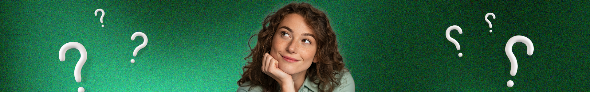 Mulher pensativa apoiando o rosto na mão, com pontos de interrogação ao redor da cabeça, sobre fundo verde, simbolizando dúvidas e reflexão.