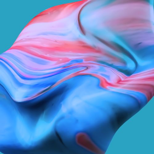 Forma abstrata com ondas em tons de azul e rosa, representando criatividade, fluidez e inovação no marketing de conteúdo.