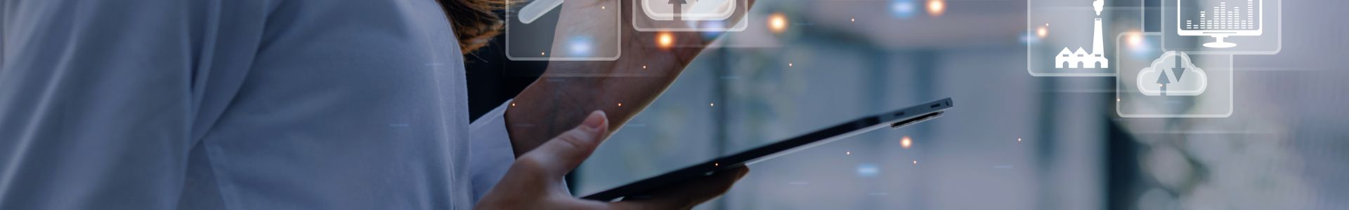 Pessoa usando tablet enquanto observa ícones digitais flutuantes que representam tecnologia, análise de dados e automação.