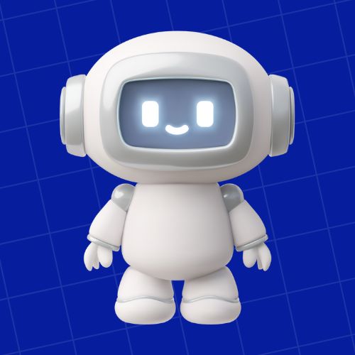 Robô simpático em estilo 3D com rosto digital sorridente, sobre fundo azul quadriculado, representando inteligência artificial.