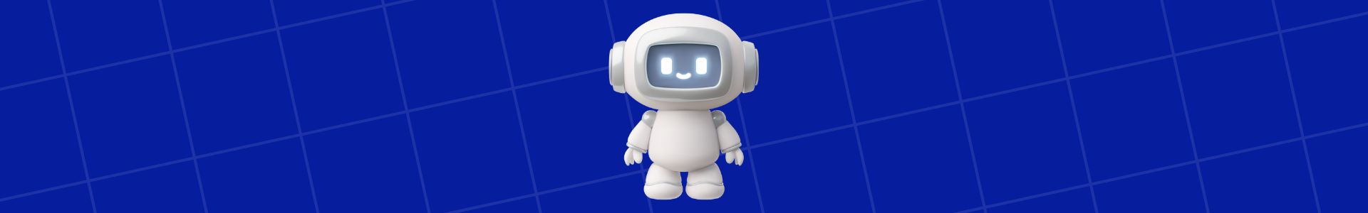 Robô simpático em estilo 3D com rosto digital sorridente, sobre fundo azul quadriculado, representando inteligência artificial.
