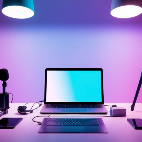 Estação de trabalho para criação de conteúdo com notebook, microfone, fones, iluminação colorida e acessórios sobre a mesa.