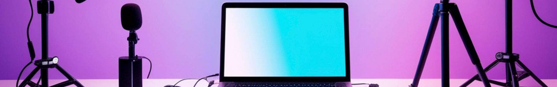 Estação de trabalho para criação de conteúdo com notebook, microfone, fones, iluminação colorida e acessórios sobre a mesa.