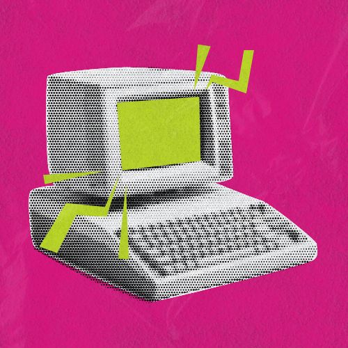 Ilustração de computador retrô em estilo gráfico sobre fundo rosa, com detalhes em verde destacando a tela e elementos ao redor.
