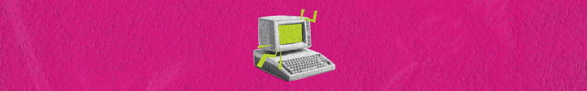 Ilustração de computador retrô em estilo gráfico sobre fundo rosa, com detalhes em verde destacando a tela e elementos ao redor.