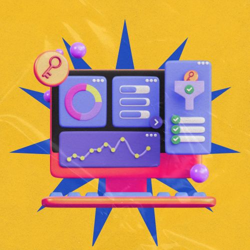 Ilustração de monitor exibindo gráficos, indicadores e filtros de dados, simbolizando análise de desempenho e gestão baseada em métricas.