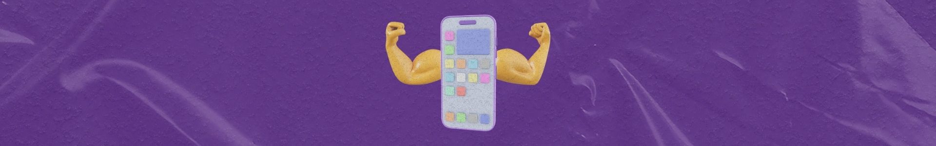 Ilustração de smartphone com braços musculosos, simbolizando força, desempenho e crescimento digital.