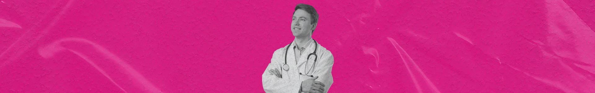 Médico com jaleco e estetoscópio, braços cruzados, olhando para cima com expressão confiante em fundo colorido.