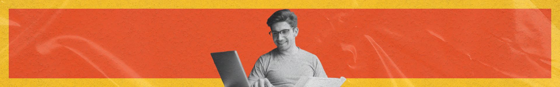 Homem usando notebook enquanto consulta documentos, em composição gráfica com fundo colorido e estilo moderno.