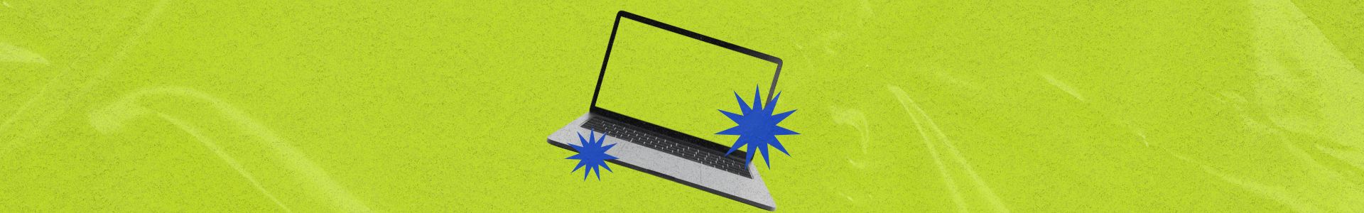 Notebook com tela verde em destaque sobre fundo verde vibrante, com elementos gráficos azuis em formato de estrela ao redor.