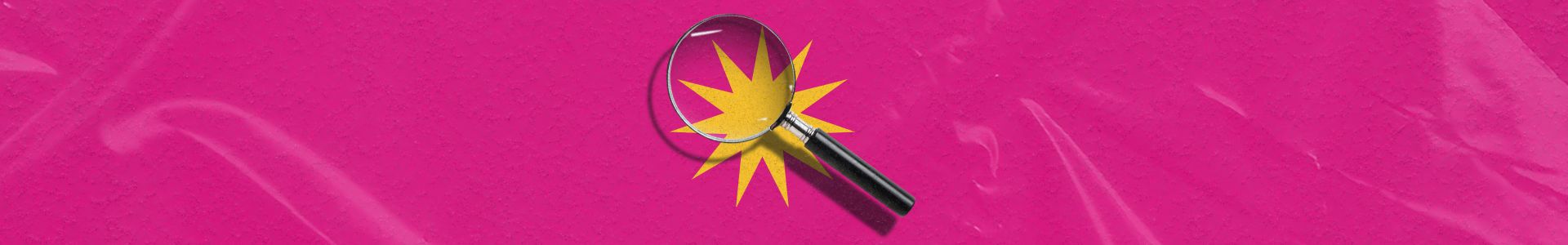 Lupa sobre fundo rosa com elementos gráficos amarelos, representando análise, comportamento digital e estratégias de marketing.