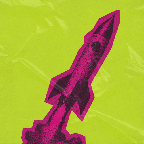 Ilustração de um foguete em tons de rosa sobre fundo verde, em estilo gráfico com efeito de colagem e textura.