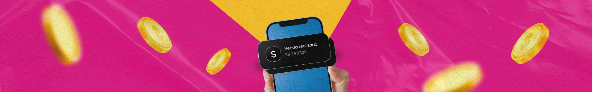 Mão segurando um smartphone com uma notificação de "Venda realizada – R$ 2.987,00" na tela, sobre fundo amarelo e rosa com moedas ilustradas ao redor.