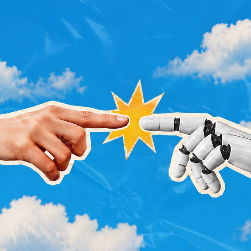 Mão humana e mão robótica em conteúdo sobre brainstorming