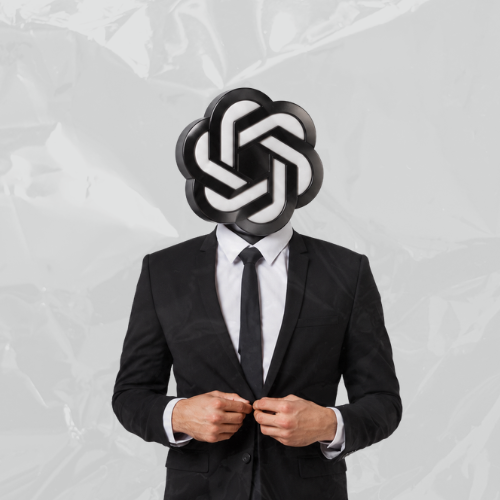 Profissional de terno com símbolo do ChatGPT representando inteligência artificial nas empresas